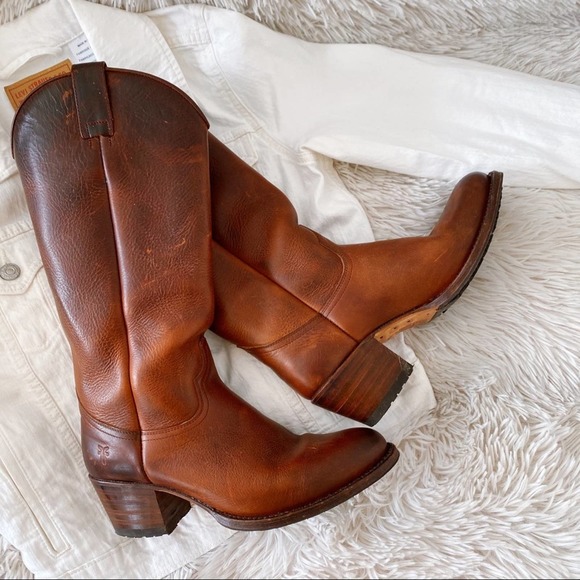 Frye Shoes - FRYE cognac Deborah Tug Lug leather tall boots